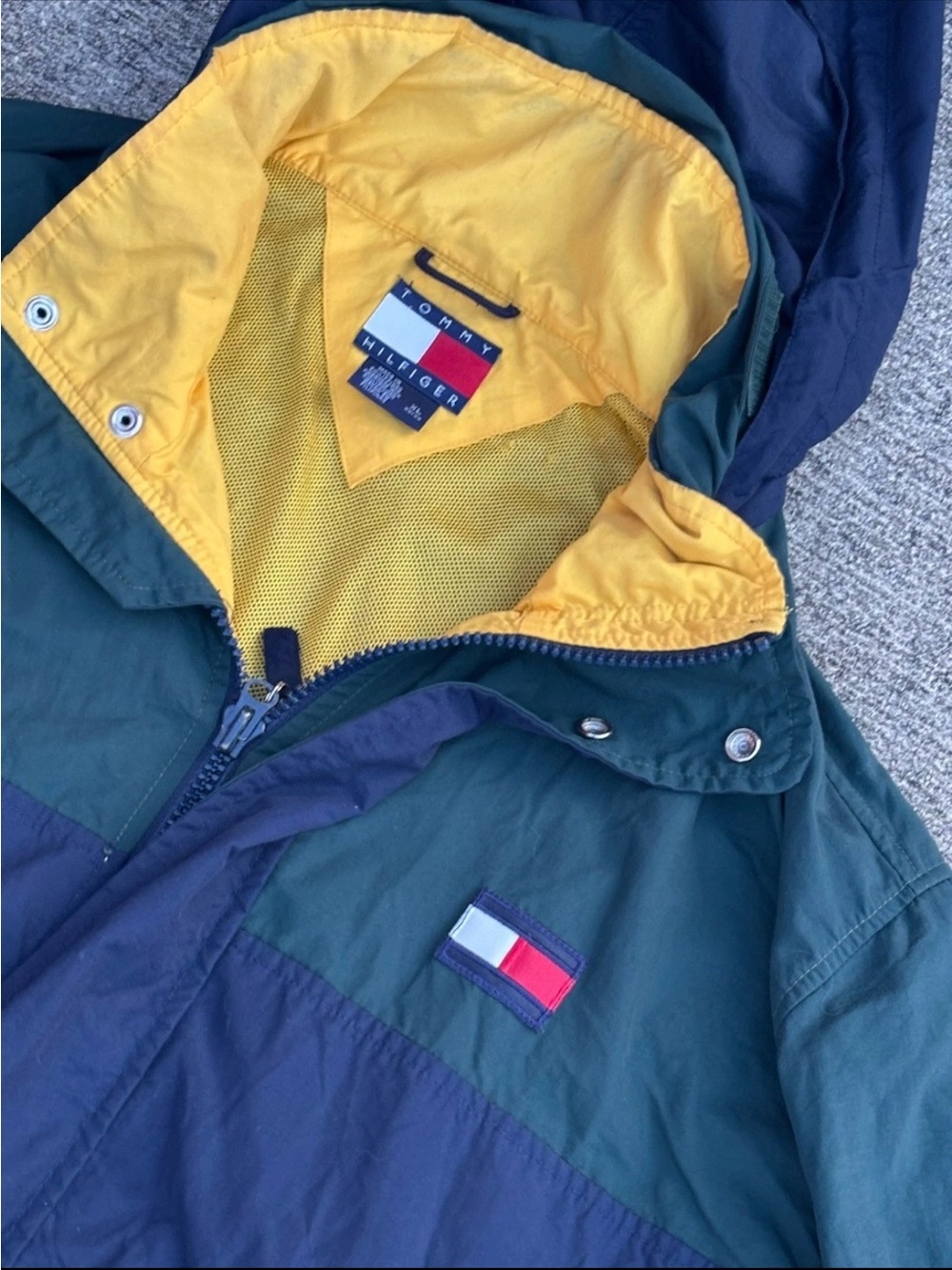 Tommy Hilfiger Vintage 90s Colorblock Windbreaker Jacket Green Navy XL Spellout - Picture 2 of 14